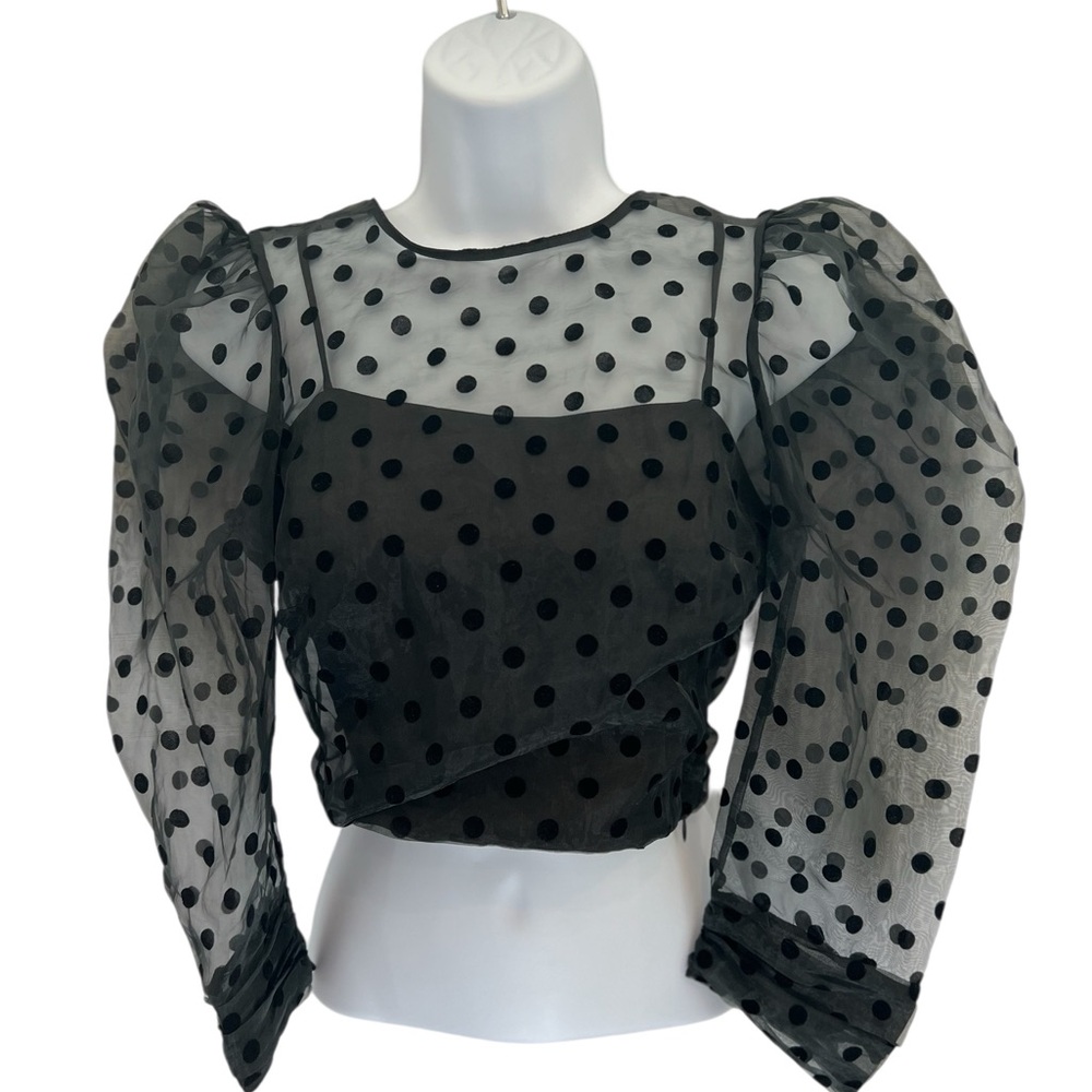 SOLD🖤 EUC ZARA Black Organza Polka Dot Semi-Sheer Crop Top | Women’s Small - Picture 8 of 9